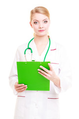 Poster - Woman doctor in lab coat with stethoscope. Medical