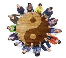 Wall Mural - Multiethnic People Holding Hands with Yin Yang Symbol