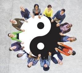 Sticker - Multiethnic People Holding Hands with Yin Yang Symbol