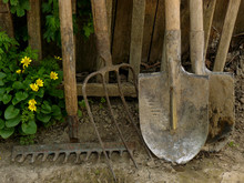 Some Garden Tools Near Old Wooden Fence