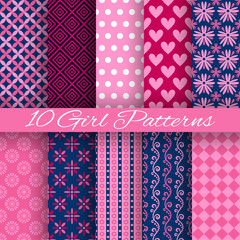 Wall Mural - 10 bright girl vector seamless patterns (tiling)