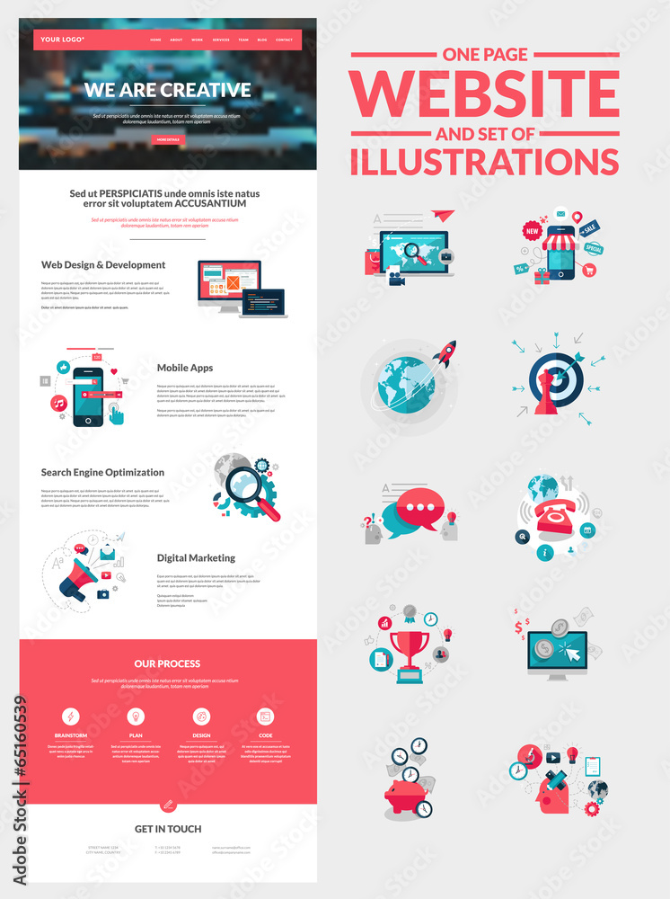 One page website design template and set of flat illustrations - obrazy, fototapety, plakaty 