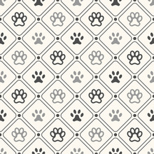 Seamless Animal Pattern Of Paw Footprint In Frame And Polka Dot.