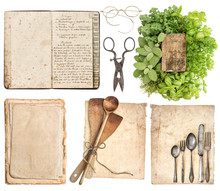 Kitchen Utensils, Antique Cookbook, Aged Paper Pages And Herbs