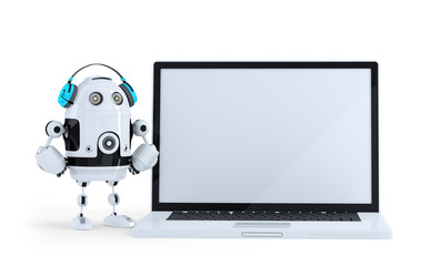 Poster - Robot with headphone and huge laptop. Isolated. Clipping path