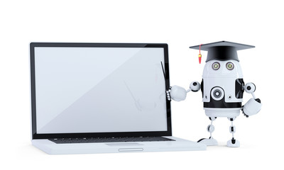 Poster - Student robot with pointer and laptop. Isolated. Clippig path