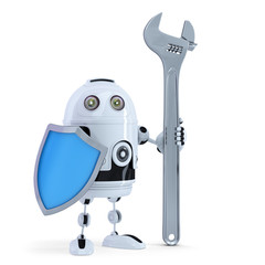 Poster - 3D Robot with wrench and shield. Isolated. Clipping path