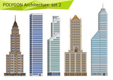 Polygonal style skyscrapers set. City design elements.