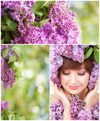 Poster - Young woman with lilac flowers. Spring collage