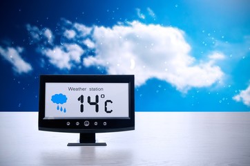 Wall Mural - Weather station device with weather conditions outside backgroun