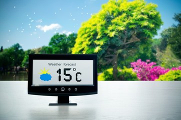 Wall Mural - Weather station device with weather conditions outside backgroun
