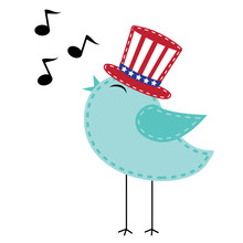 Patriotic Bird Wearing Uncle Sam Hat Singing With Notes