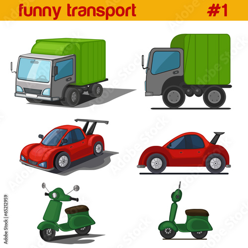 Naklejka na szafę Fun cute cartoon vehicles vector icon set. Van, sportscar, bike.