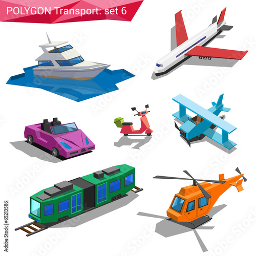 Plakat na zamówienie Polygonal style vehicles vector icon set. Yacht, plane, cabrio.