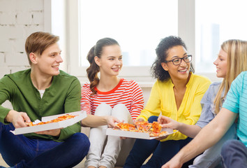 Sticker - five smiling teenagers eating pizza at home