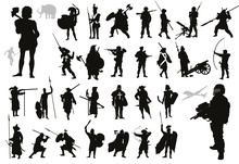 Warriors And Soldiers High Detailed Silhouettes Set. Vector