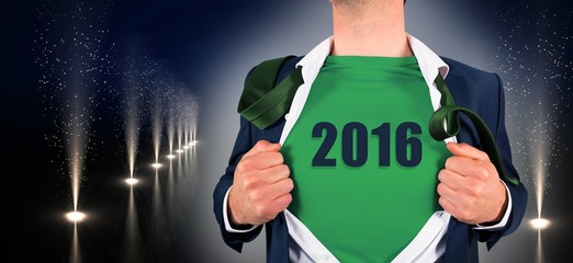Poster - Composite image of businessman opening shirt in superhero style