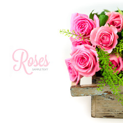 Wall Mural - Rose flowers bouquet in wooden box on white background