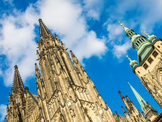 The view of St. Vitus Cathedral in Prague from downside