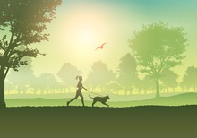 Female Jogging With Dog In Countryside
