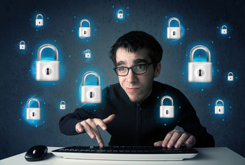 Aufkleber - Young hacker with virtual lock symbols and icons
