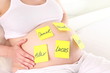 Schwangere mit Post it Jungennamen auf Bauch