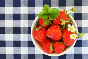 Bowl of fresh strawberries on checkered cloth with copy space