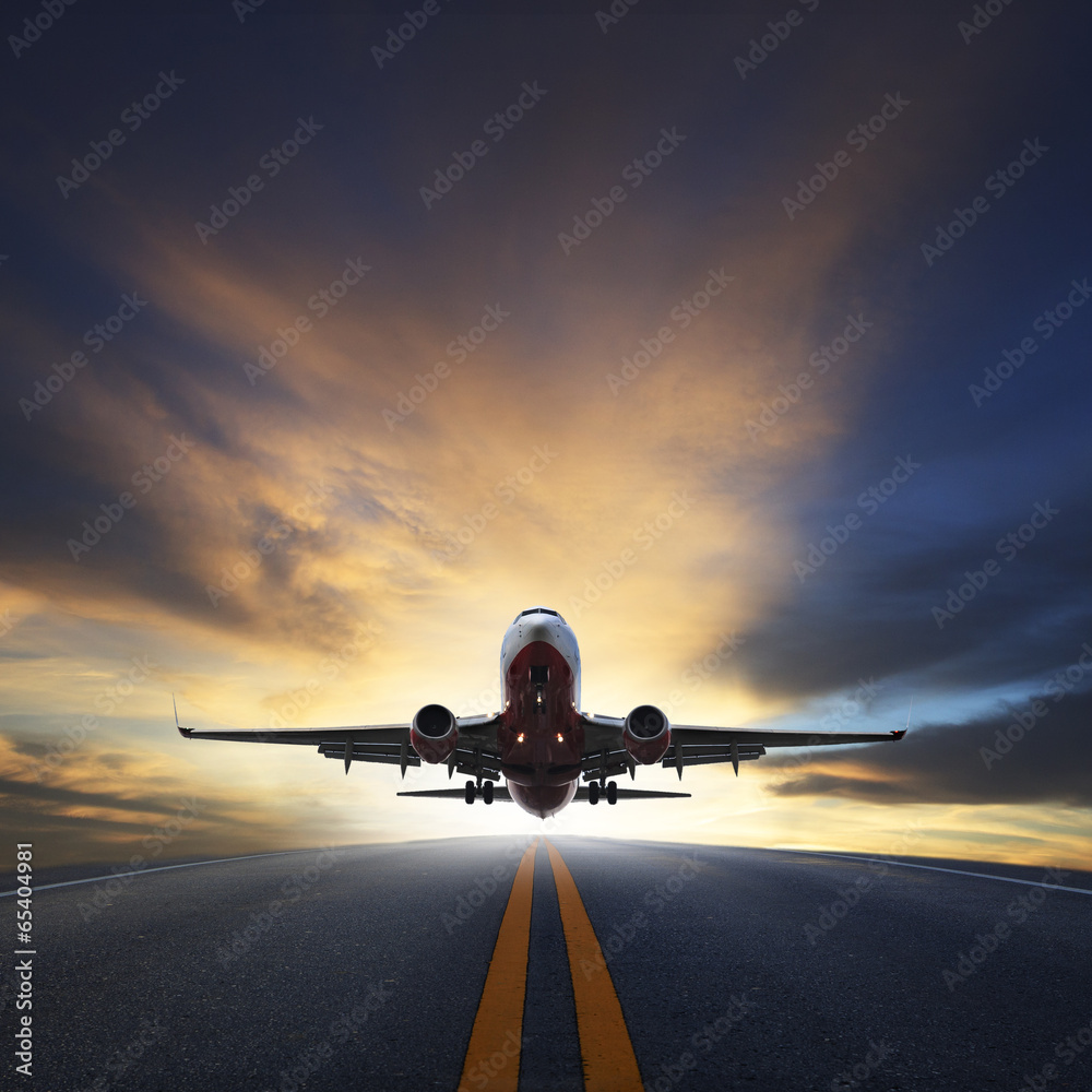 passenger plane take off from runways against beautiful dusky sk - obrazy, fototapety, plakaty 