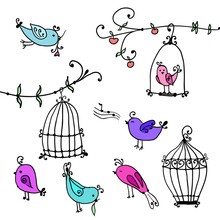 Set Of Cute Birds And Branches Of Trees With Bird's Cages