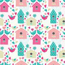 Seamless Floral Pattern With Birdhouses