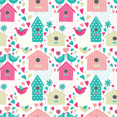 Aufkleber - Seamless floral pattern with birdhouses