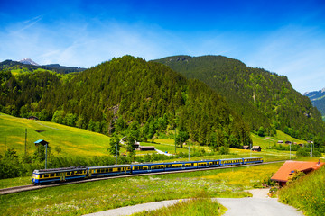 Wall Mural - Train crossing countryside near hills, Switzerland
