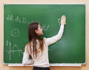 Student girl standing near blackboard