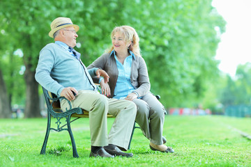 Wall Mural - Elderly couple relaxing on a bench in park