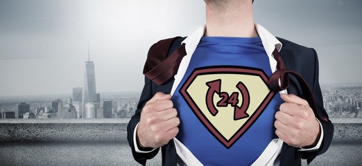 Poster - Composite image of businessman opening shirt in superhero style