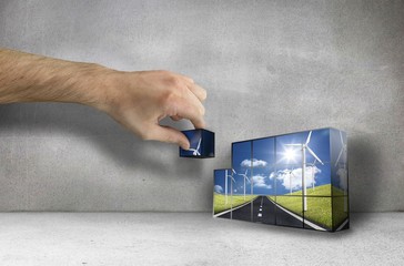 Poster - Composite image of hand building wall