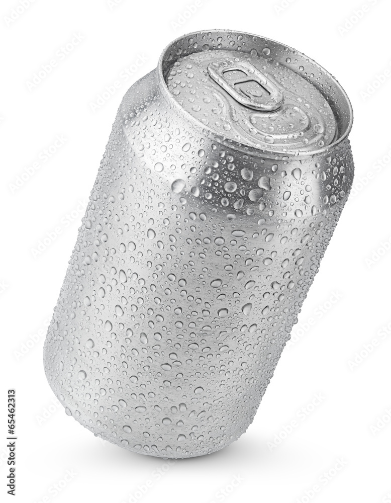 330 ml aluminum soda can with water drops isolated on white - obrazy, fototapety, plakaty 