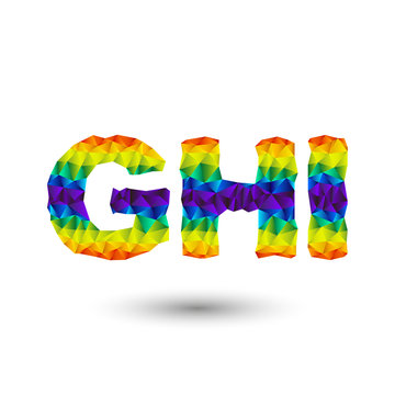 rainbow alphabet font in triangular design - gee, aitch, i