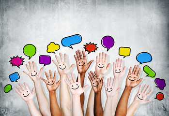 Wall Mural - Multi Ethnic People's Hands Raised with Speech Bubble