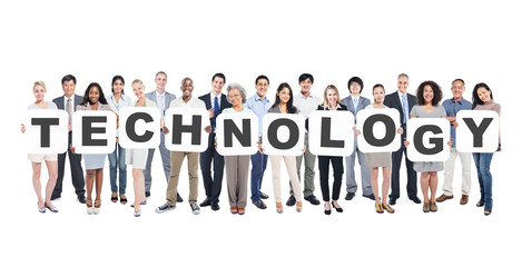 Poster - Multi-Ethnic Group of  People with Technology Letter
