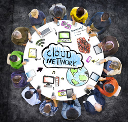 Fototapete - Multiethnic Group of People with Cloud Network Concept