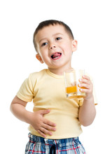 Kid Boy Drinking Juice Isolated On White Background