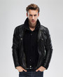 © mast3r - Fashion man, model leather jacket, gray background