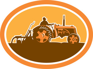 Wall Mural - Farmer Driving Vintage Farm Tractor Oval Retro