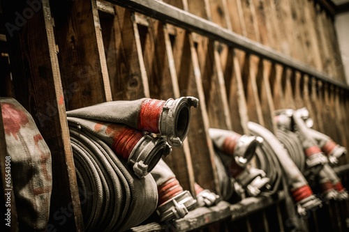 Fotomural Storage room in firefighting depot with water hoses