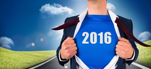 Poster - Composite image of businessman opening his shirt superhero style