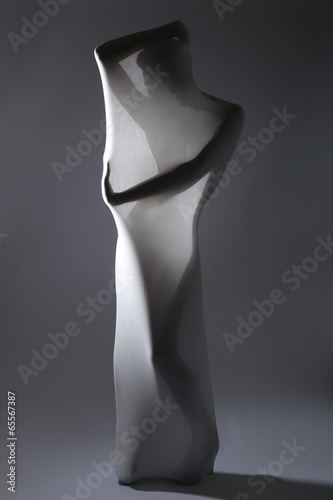 Valokuva Shapely Woman in Creative Light and Spandex Fabric
