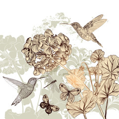 Poster - Floral background with flowers, birds and butterflies