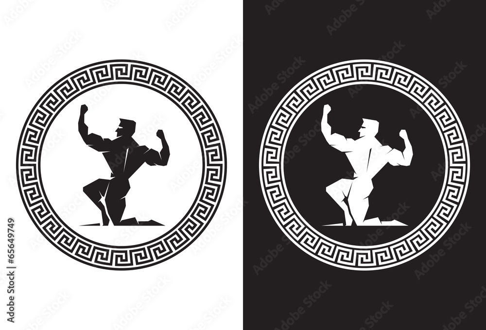 Illustration of Hercules inside a Greek Key back view - obrazy, fototapety, plakaty 
