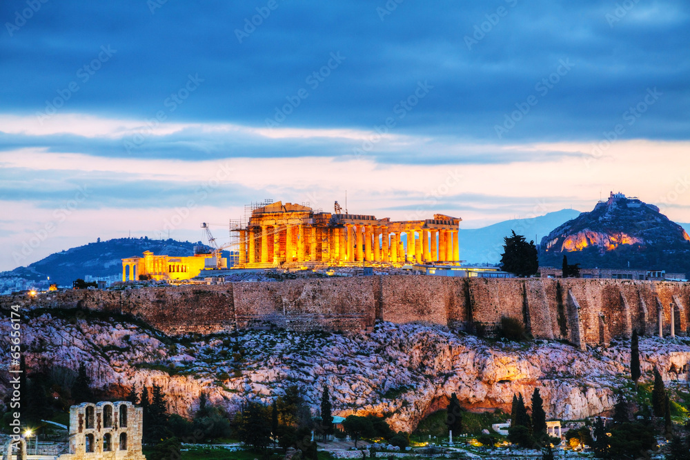 Acropolis in the evening after sunset - obrazy, fototapety, plakaty 